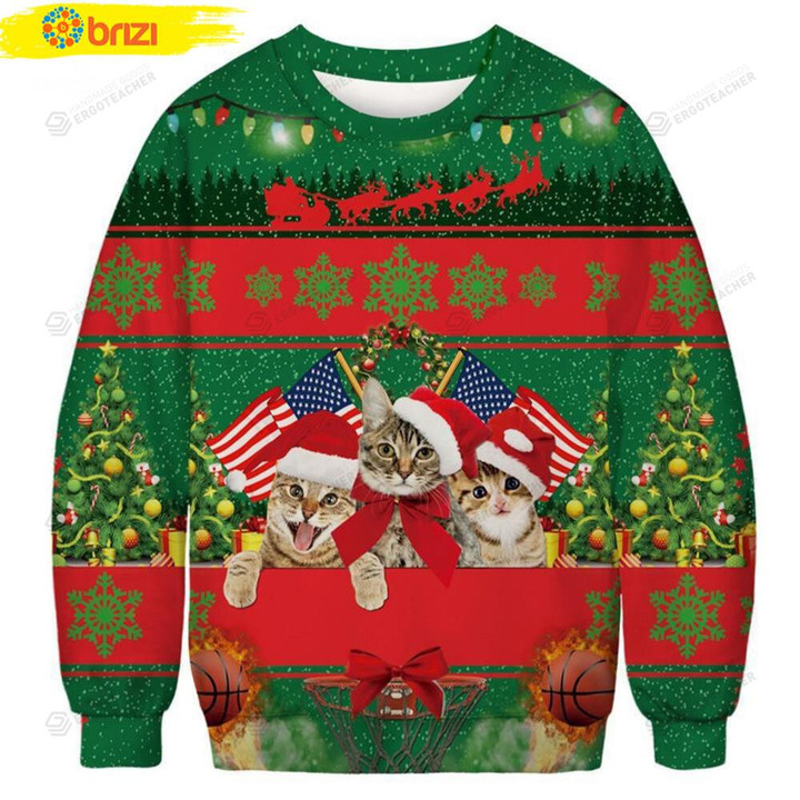 American Flag And Funny Cat Ugly Christmas Sweater