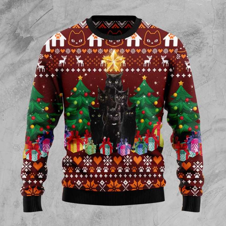 Black Cat Pine Tree Ugly Christmas Sweater