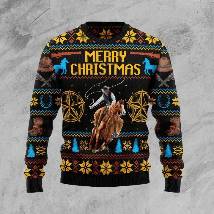 Cowboy Merry Christmas For Unisex Ugly Christmas Sweater, All Over Print Sweatshirt