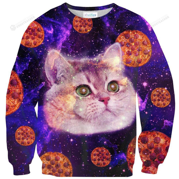 Heavy Breathing Cat Pizza Ugly Christmas Sweater, All Over Print Sweatshirt