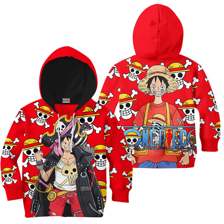 One Piece Red Luffy Kids Hoodie Custom Anime Merch Clothes Gear Otaku