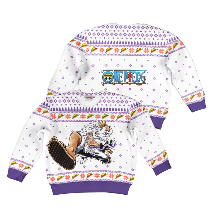 One Piece Luffy Gear 5 White Kids Anime Ugly Christmas Sweater Gear Otaku