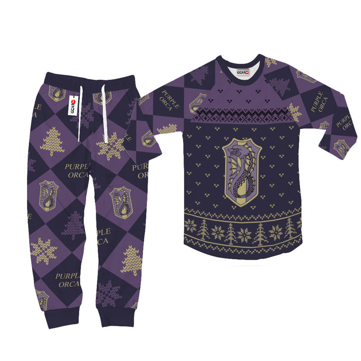 Purple Orca Christmas Pajamas Set Custom Anime Sleepwear