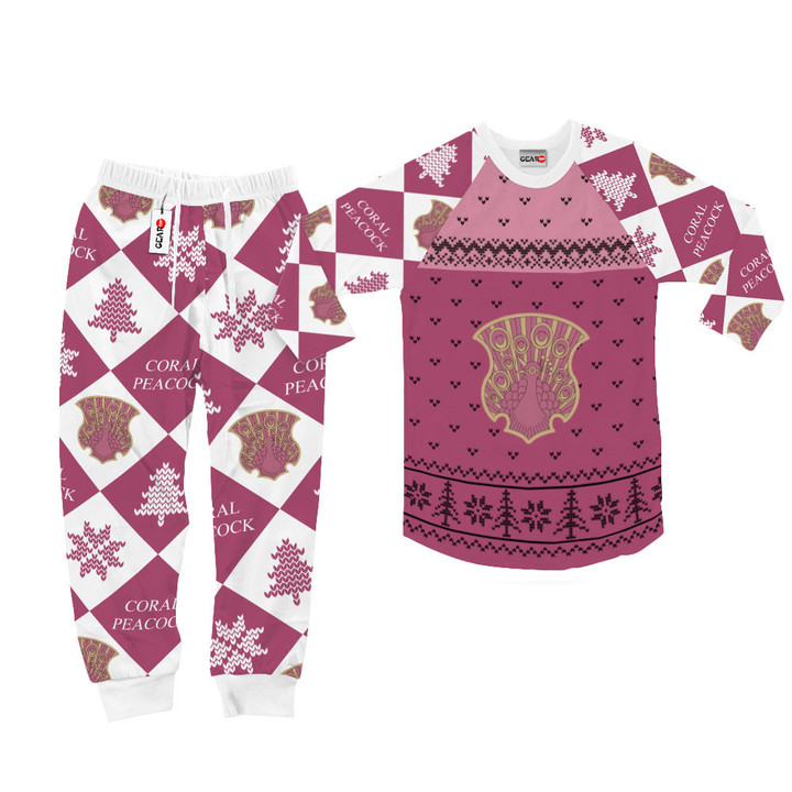 Coral Peacock Christmas Pajamas Set Custom Anime Sleepwear