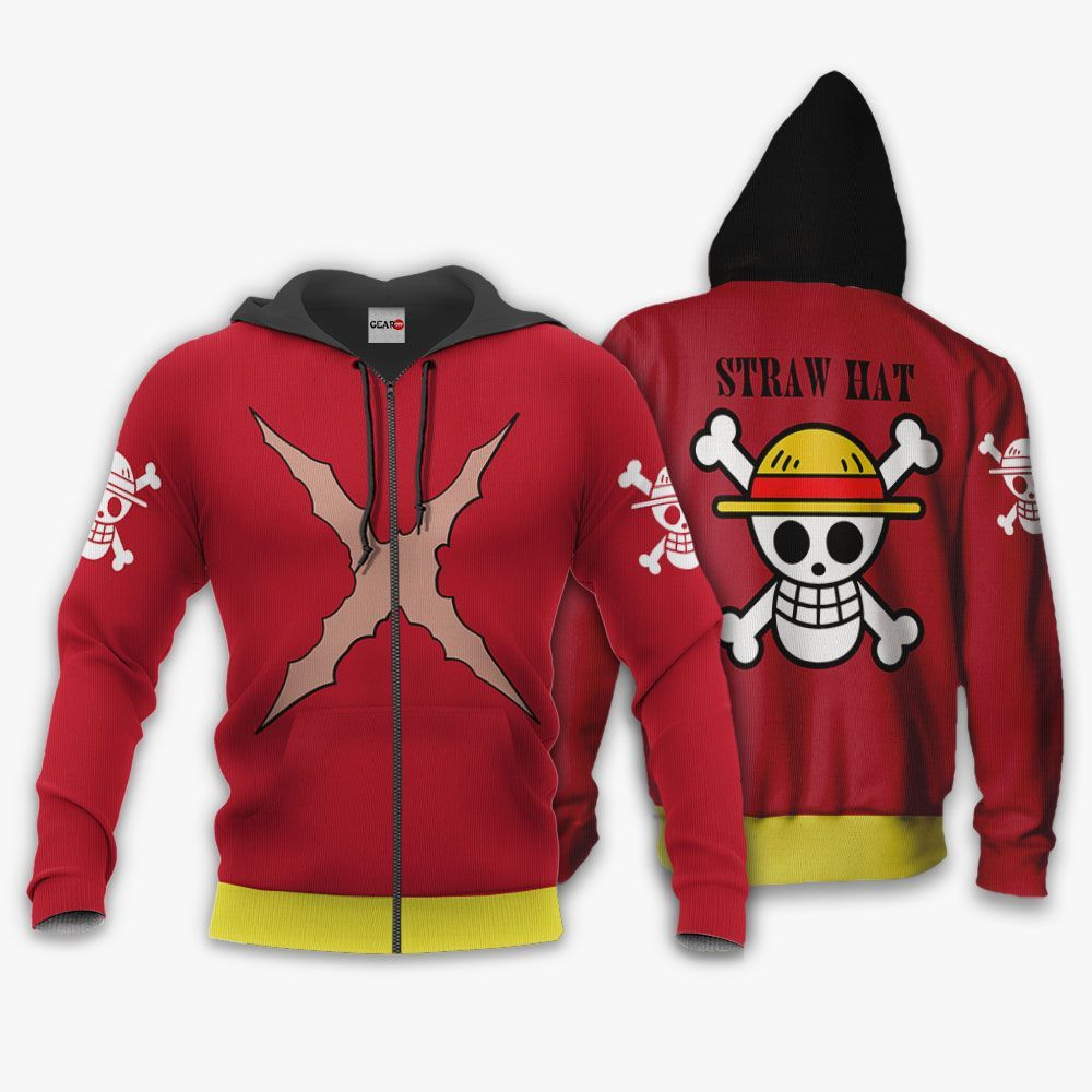 One Piece Luffy Straw Hat Hoodie Shirt Uniform Anime Zip Jacket GearAnime