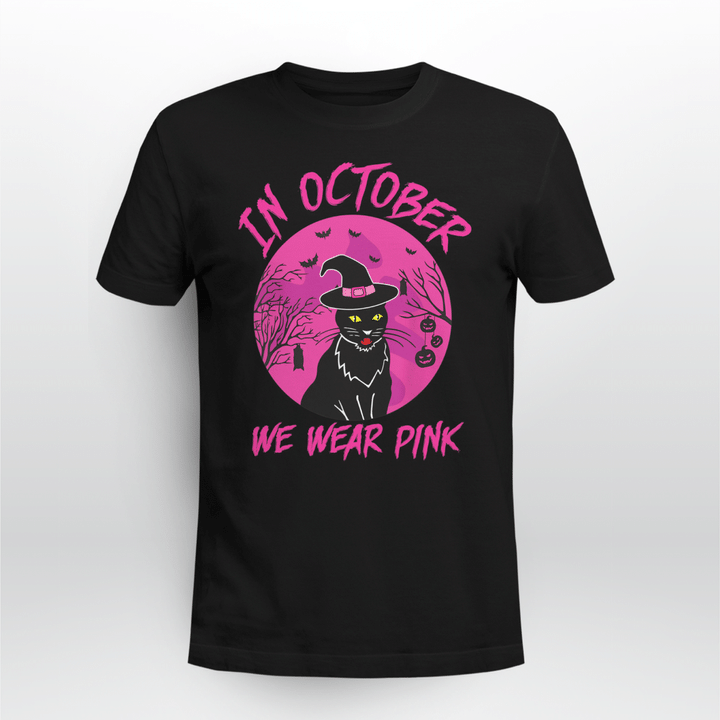 Breast Cancer Awareness Unisex T-shirt Black Cat In October We Wear Pink