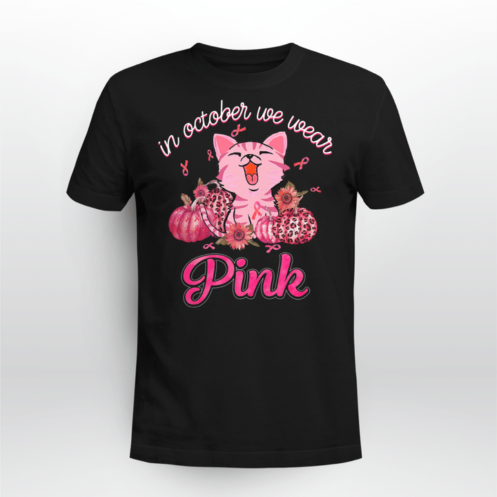 In October We Wear Pink Ribbon Cat Breast Cancer Awareness Premium T-Shirt