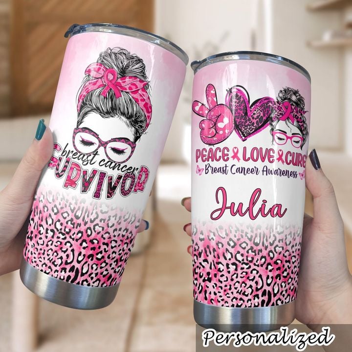 Breast Cancer Personalized 20Oz Stainless Steel Tumbler Survivor Messy Bun