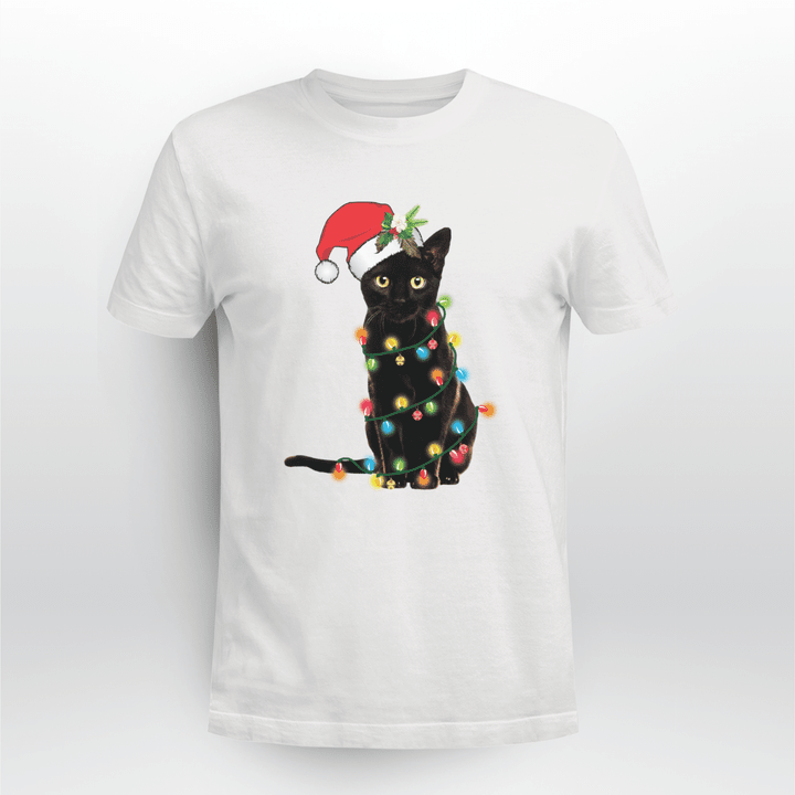 Black Cat Classic T-shirt Black Cat Santa Tangled Up In Christmas Lights