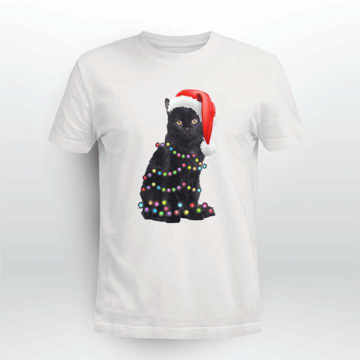 Black Cat Classic T-shirt Black Cat Christmas Light