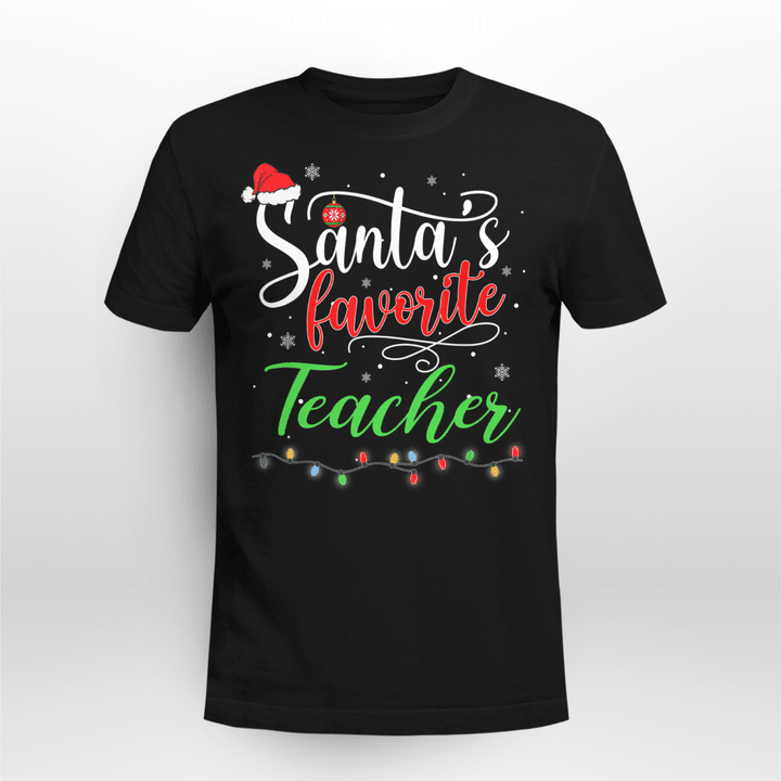 Teacher Christmas T-Shirt Santa's Favorite Teacher Funny Christmas Santa Hat Light