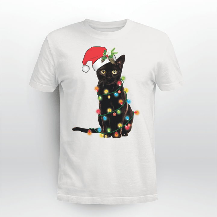 Cat Christmas T-shirt Black Cat Tangled Up In Christmas Lights