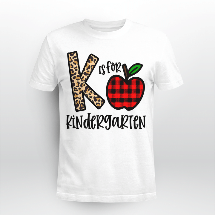 K Is For Kindergarten Teacher Leopard Buffalo Plaid T-Shirt