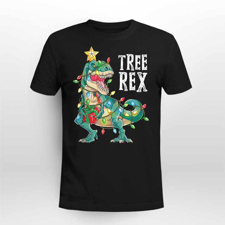 Christmas Dinosaur Tree Rex Pajamas Men Boys Xmas Lights T-Shirt