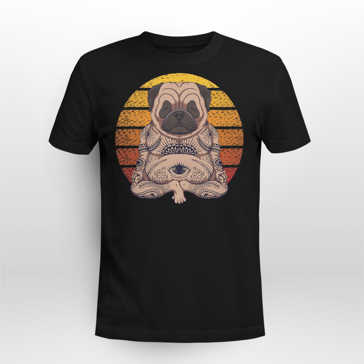 yoga dog pug sunset retro T-Shirt