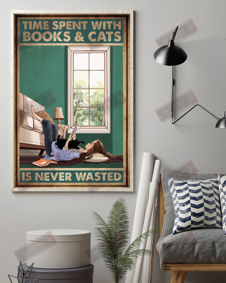 Time Spent With Books & Cat Is Never Wasted Vertical Poster