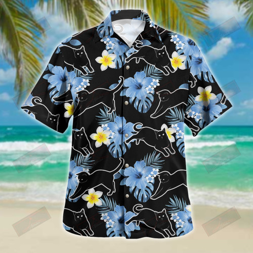 Black Cat Blue Hibiscus Silhouette Hawaiian Shirt