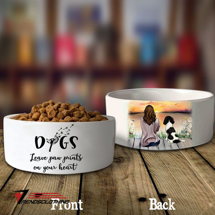 English Springer Spaniel Dogs Leave Paw Prints On Your Heart Dog Bowl Ceramic Small Large