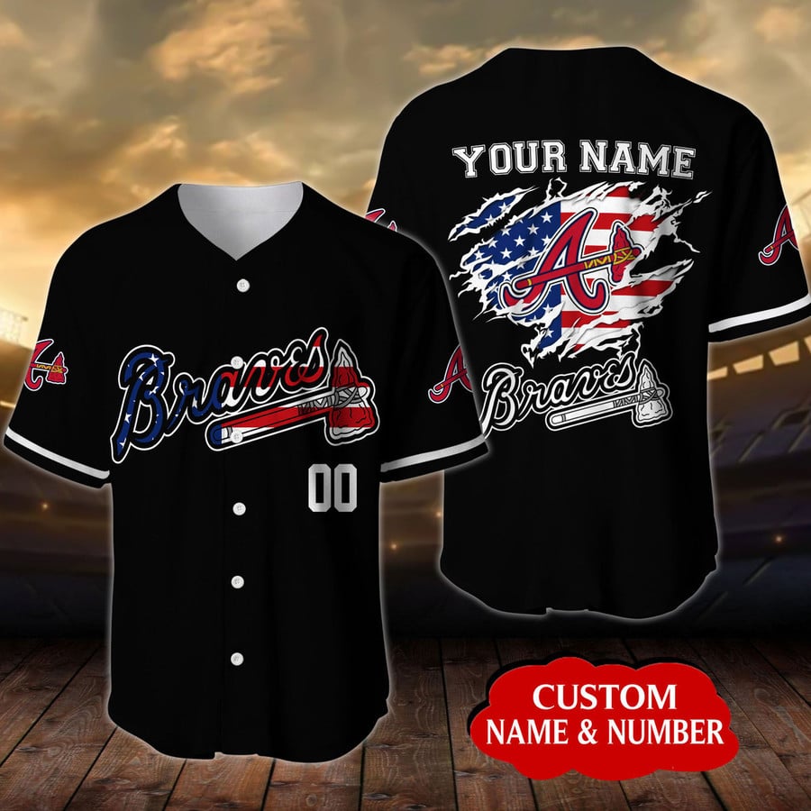 Personalized Atlanta Braves American Flag All Over Print Baseball Jersey -  Black-TPH