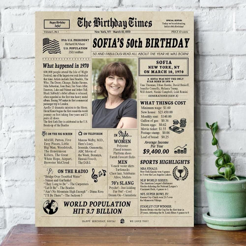 [Personalized Name, Date & Photo] Happy 50th Birthday Gift Ideas Newspaper Back in 1970 Canvas For Mom For Dad