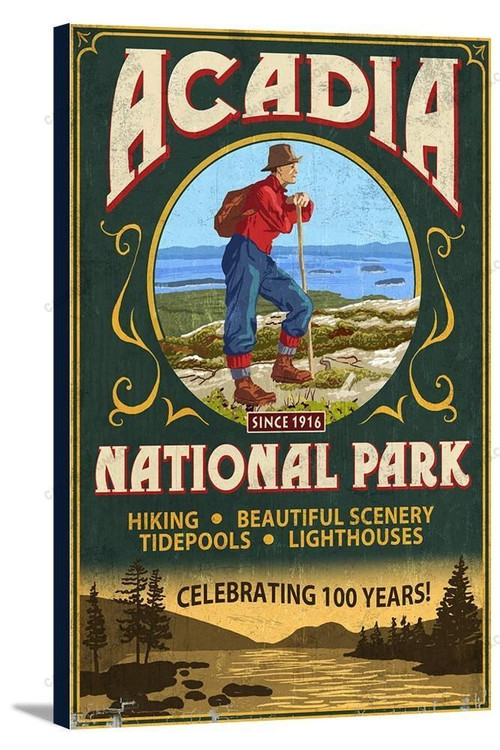 Acadia National Park - Vintage Hiker Sign - Celebrating 100 Years  Matte Canvas - Wall Art Decor
