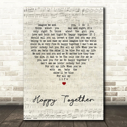 The Turtles Happy Together Script Heart Song Lyric Print - Canvas Print Wall Art Decor