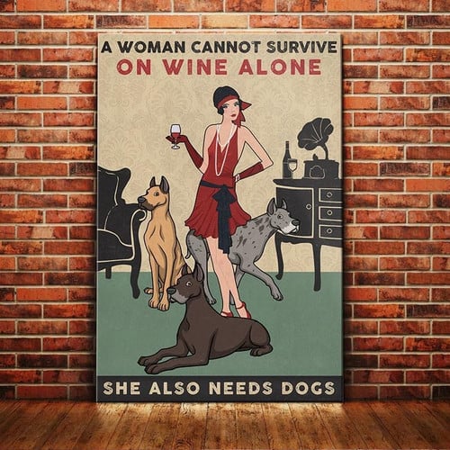 Great Dane Dog Canvas And Poster Woman Cannot Survive Wine Alone - Art Print - Home Decor - Room Decor - Wall Art