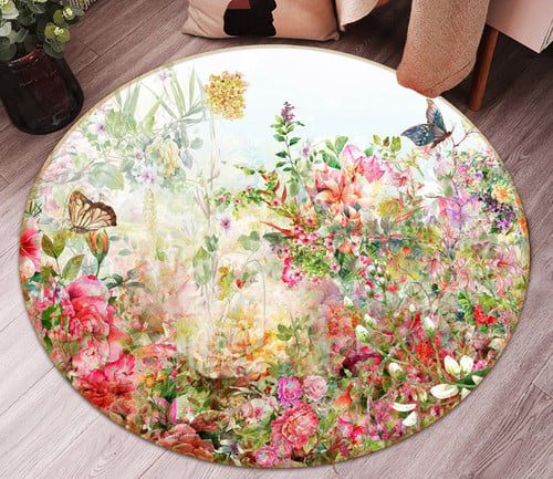3D Butterfly Flower Bush In Garden Round Rug - Round Carpet Home Decor