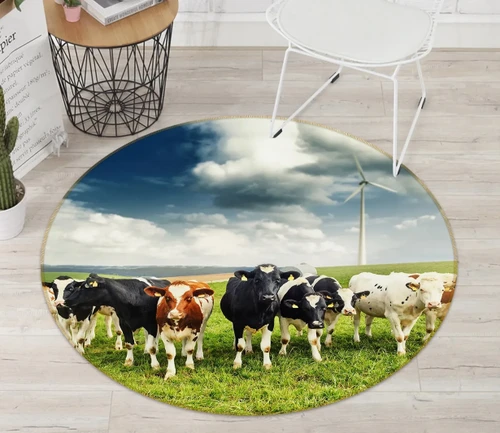 3D Cow Herd Grass Cloudy Sky Round Rug - Round Carpet Home Decor