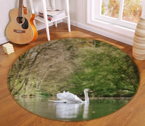3D White Swan Swimming Round Rug - Round Carpet Home Decor