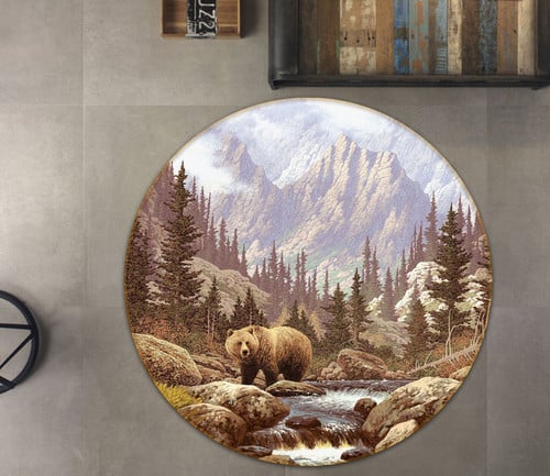 3D Mountain Bear At Waterfall Round Rug - Round Carpet Home Decor
