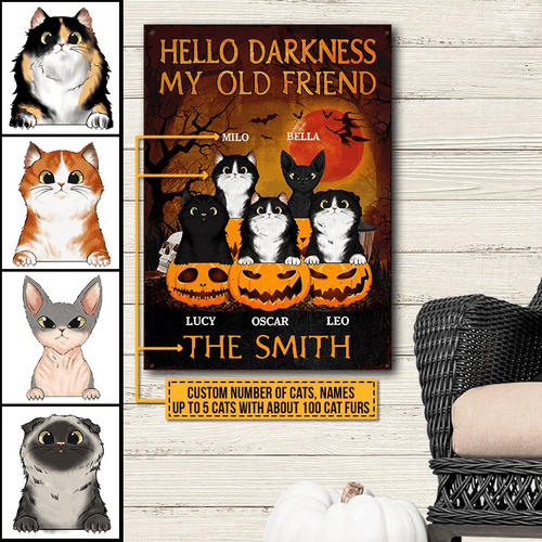 Witch Black Cat Hello Darkness My Old Friend Custom Classic Metal Signs, Personalized Witch Sign, Halloween Outdoor Decor