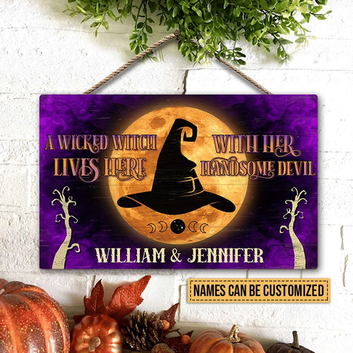 Witch Couple A Wicked Witch Live Here Custom Wood Rectangle Sign, Witch Gift, Couple Gift, Halloween Couple Decor