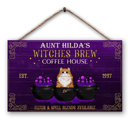 Personalized Cat Halloween Witches Brew Custom Wood Rectangle Sign, Witch Home Decor, Halloween Decorations Indoor, Cat Lover Decorating Idea
