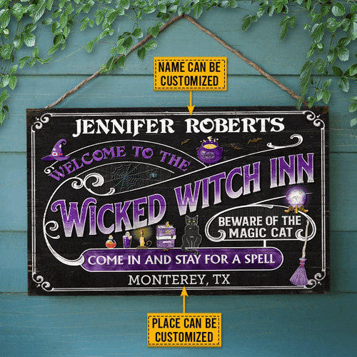 Witch Inn Black Cat Stay For A Spell Black Custom Wood Rectangle Sign, Witch Decor, Witchy, Goth, Witch Sign, Halloween Sign, Halloween Gift