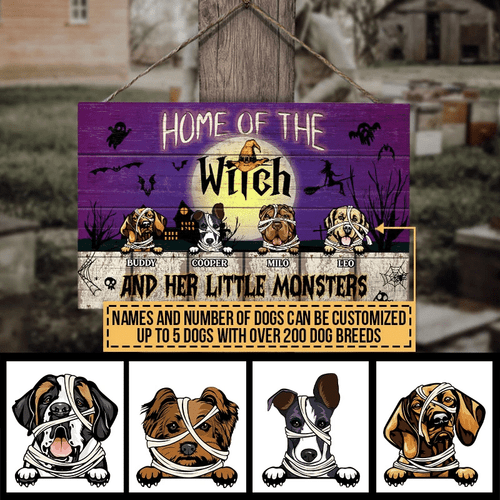 The Witch And Her Little Monsters Custom Wood Rectangle Sign, Halloween Decor