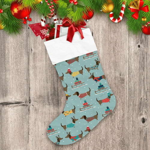 Christmas With Dachshunds Wearing Hats And Clothes On Blue Christmas Stocking