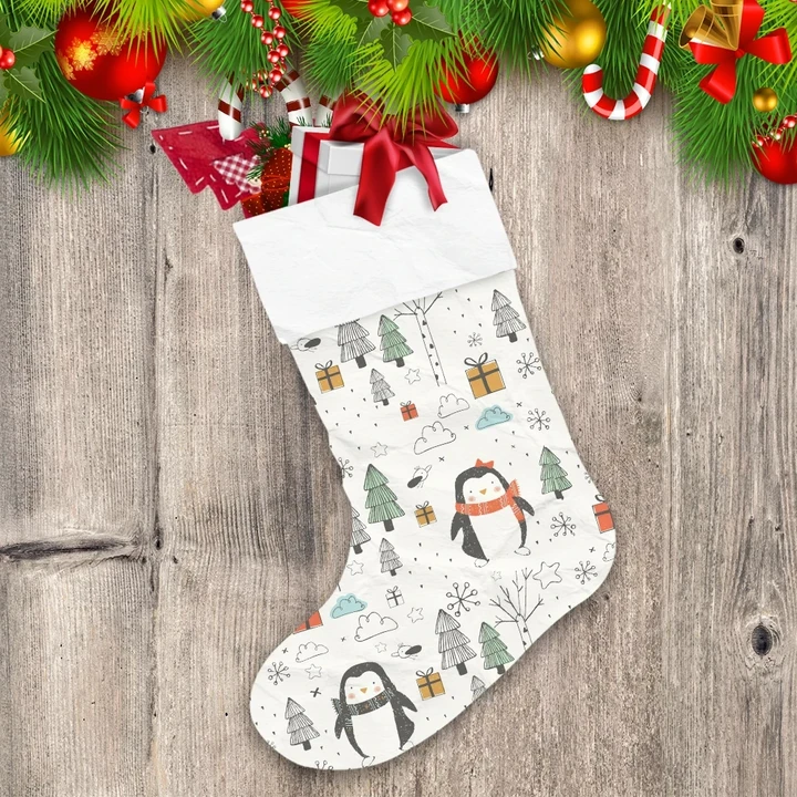 Christmas Winter Cute Penguins With Gift Boxes In The Fores Christmas Stocking