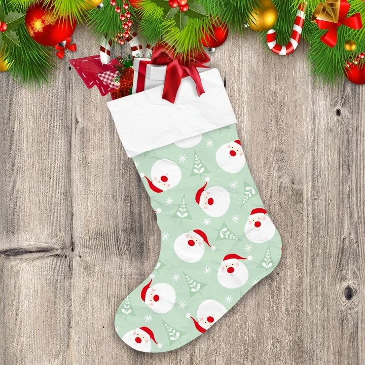 Cute Cartoon Santa And Christmas Tree Pattern Light Green Background Christmas Stocking