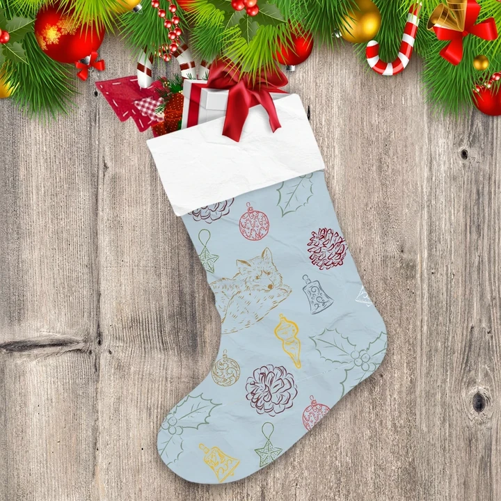 Colorful Hand Drawn Fox Pine Cone And Bell Christmas Stocking