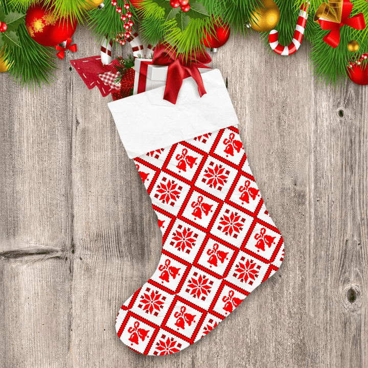 Pixel Kintting Snowflakes And Bells In Red And White Colors Christmas Stocking