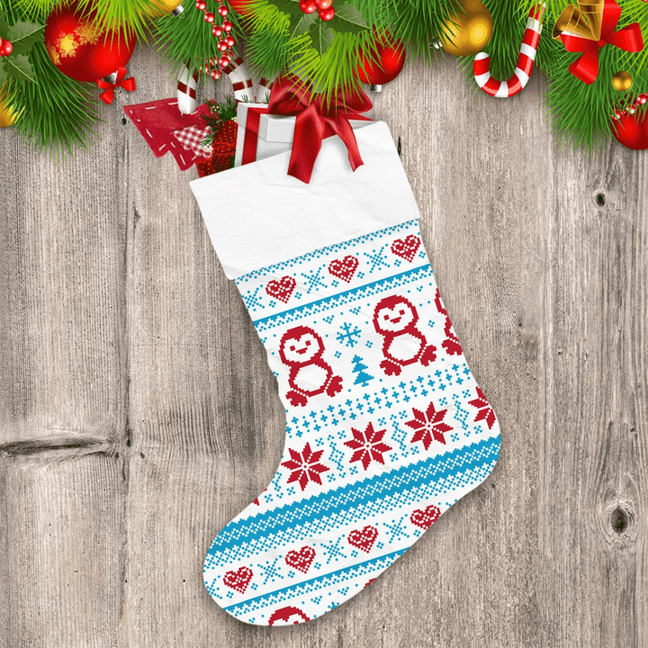 Christmas And Winter Knitted Red Penguins Christmas Stocking