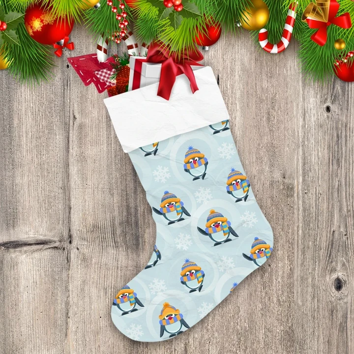 Christmas Snowflake With Cute Penguin In Hat And Scarf Christmas Stocking