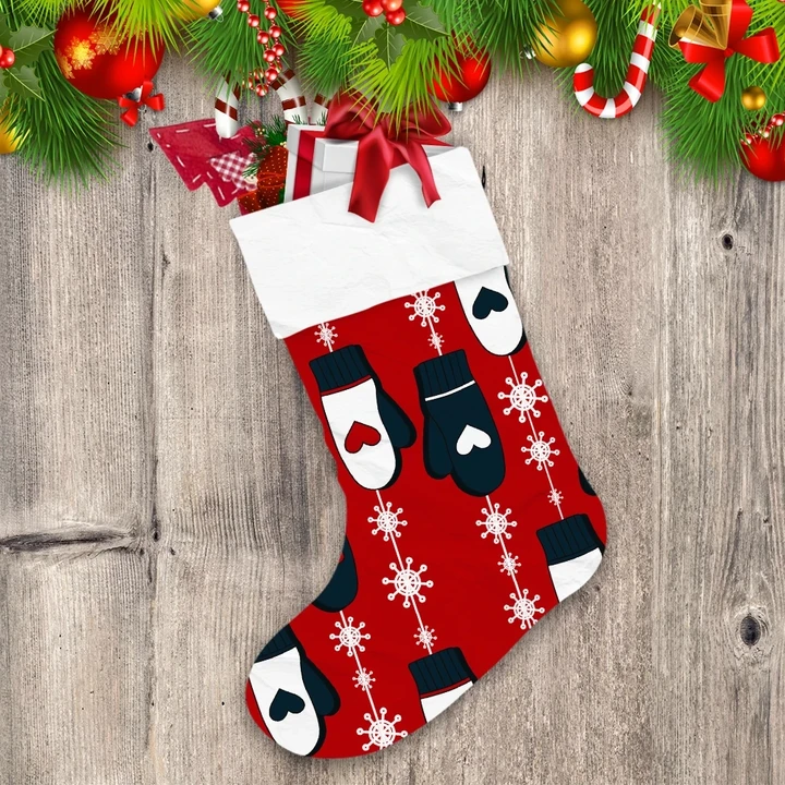 Colorful Overlapping Backdrop With Snowflakes And Heart Mittens Christmas Stocking