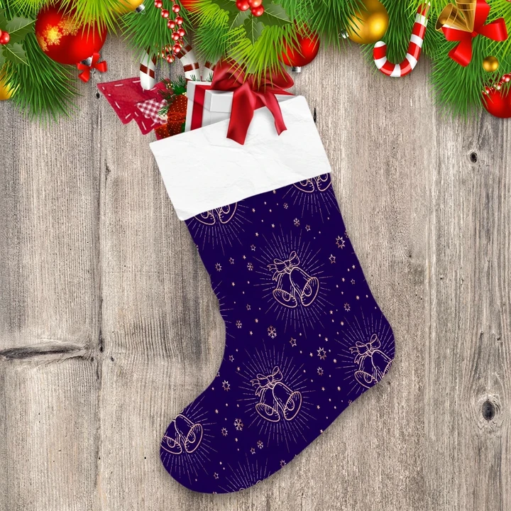 Bright Gold Jingle Bells And Snowflakes On Dark Blue Background Christmas Stocking