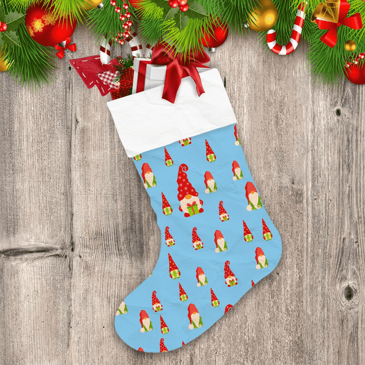 Red Cap Gnome On Blue Background Pattern Christmas Stocking