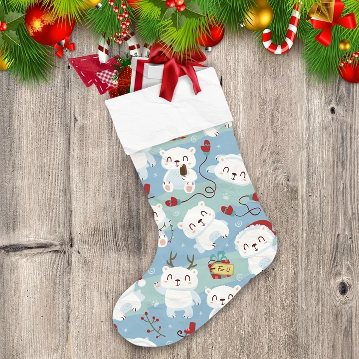 Playful White Bear Cartoon With Red Gloves Christmas Stocking