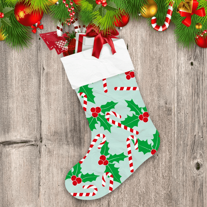Christmas Holly Leave And Berry With Candy Cane Christmas Stocking