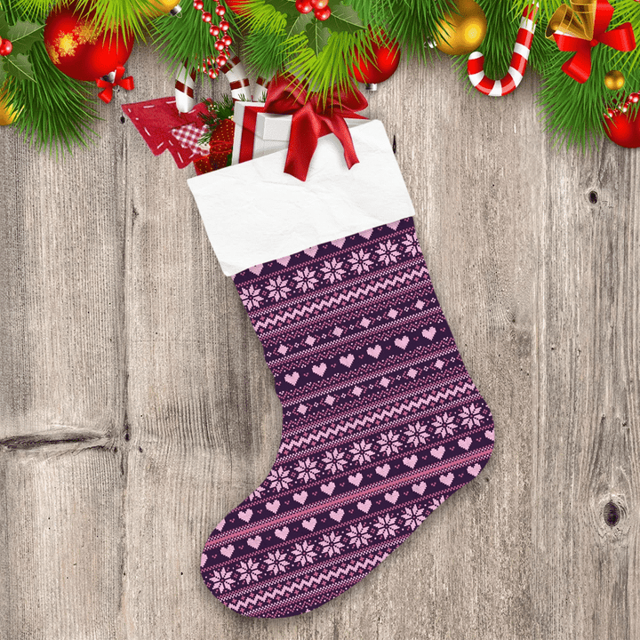 Pink Winter Pixel Background With Hearts And Snowflakes Christmas Stocking