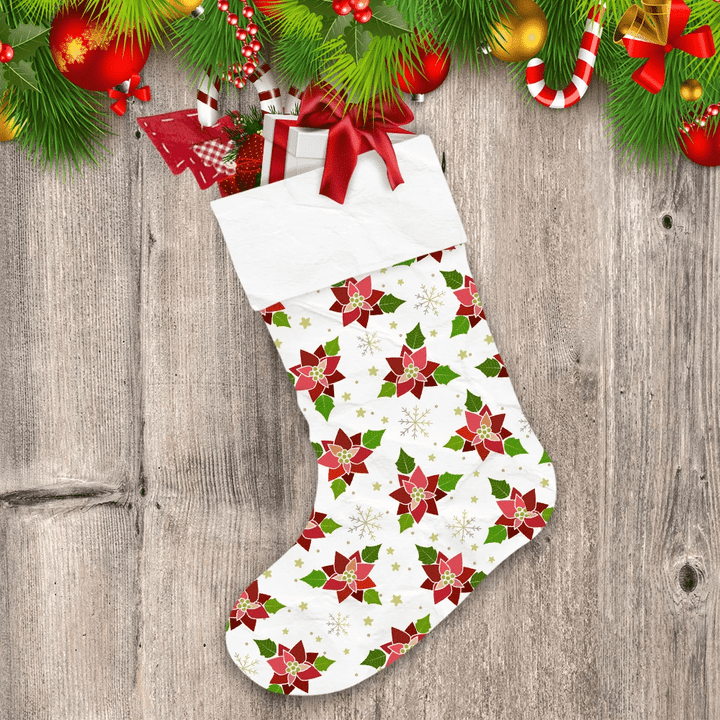 Red Poinsettia Christmas Gold Snowflake And Stars Christmas Stocking
